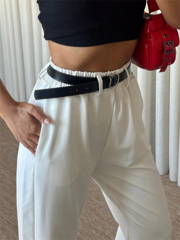 Deri Kemerli Eşofman - Beyaz