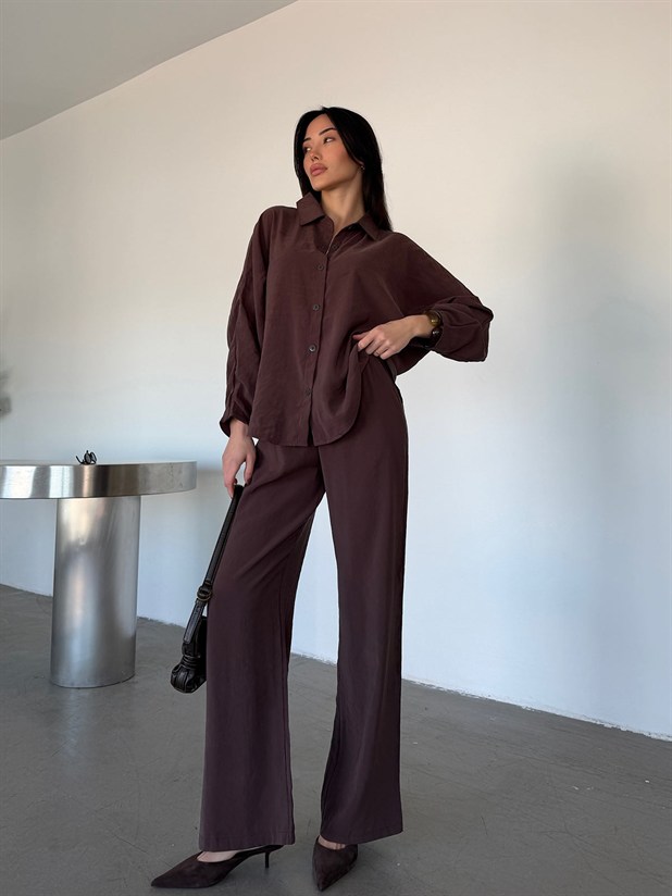 Tensel Yarasa Gömlekli Palazzo Takım - Kahve