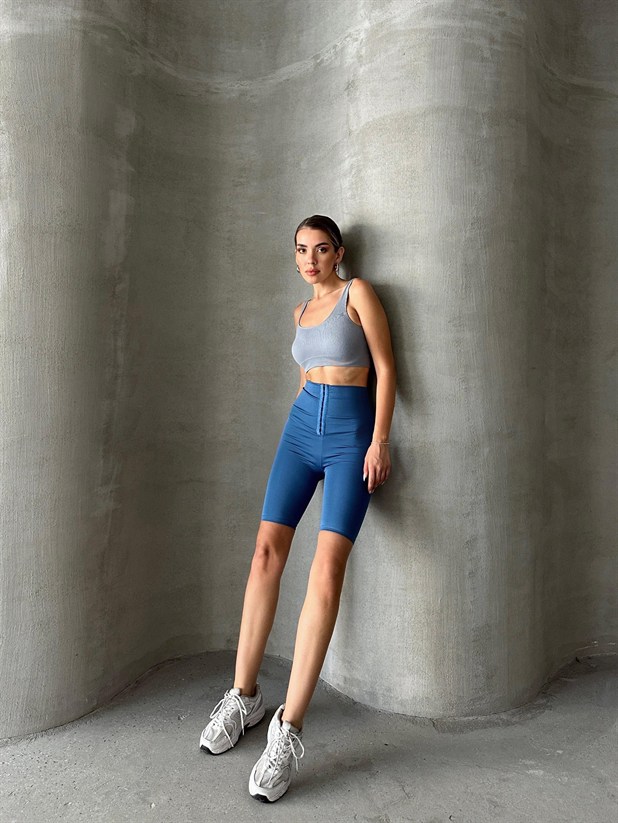 Korse Detay Toparlayıcı Biker Tayt Mavi - Mavi