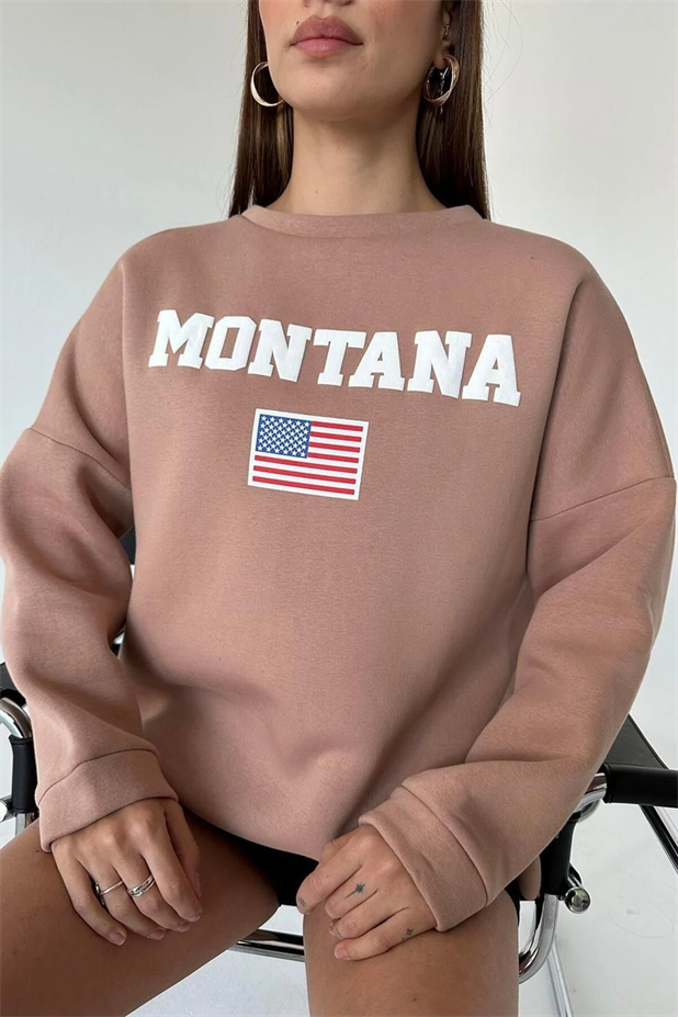 State Baskı Üç İplik Şardonlu Sweat Vizon - Vizon