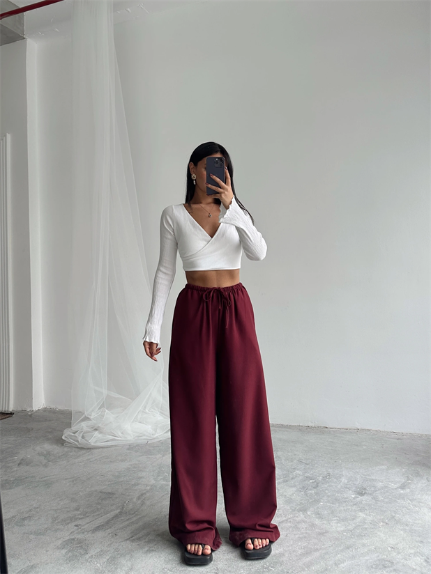 İnce Kemerli Salaş Pantolon - Bordo