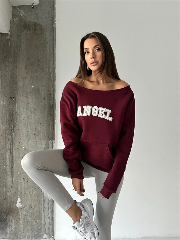 Angel Nakışlı Kayık Yaka Sweat - Bordo