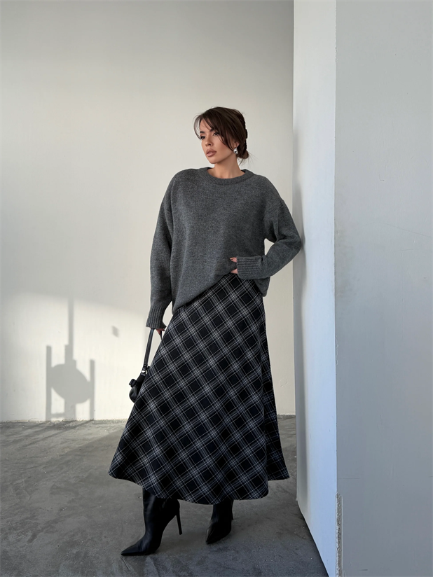 Kloş Ekoseli Etek - Siyah