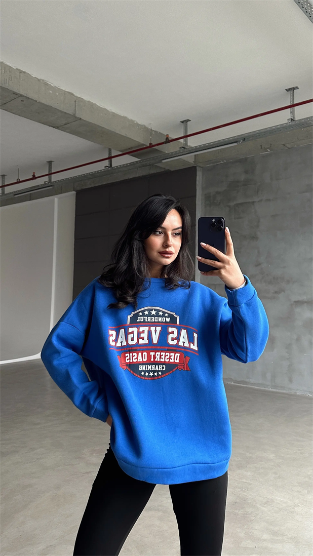 Las Vegas Üç İplik Oversize Sweat Saks Mavi - Mavi