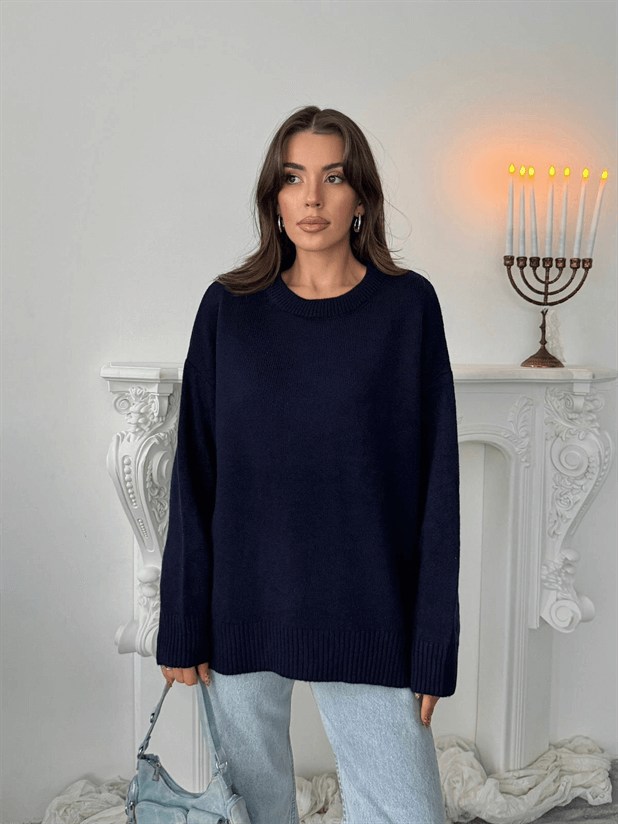 Yıkamalı Şardonlu Triko Kazak - Lacivert