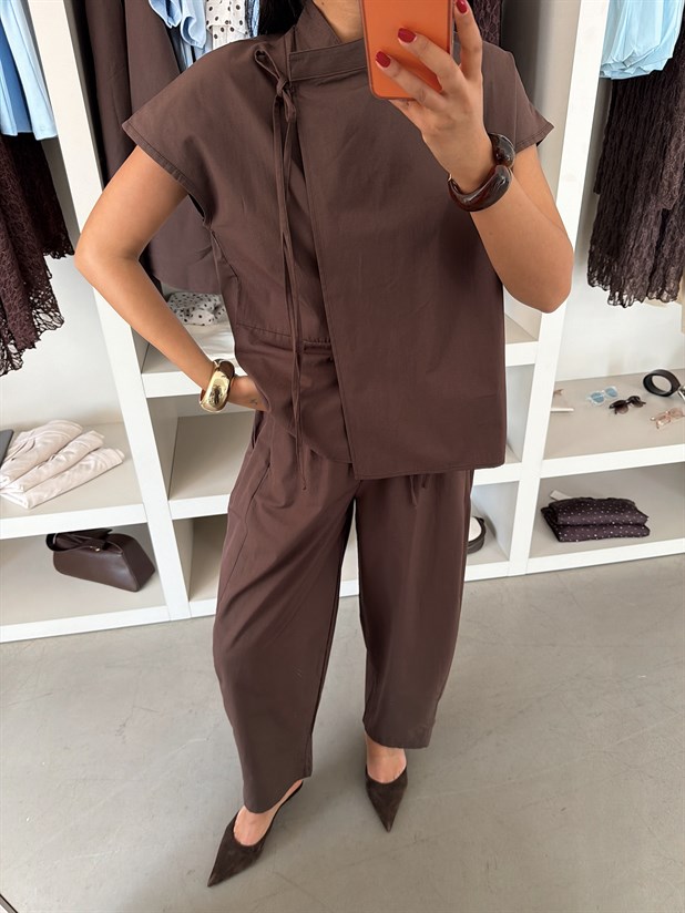 Poplin Balon Pantolon Takım - Kahve