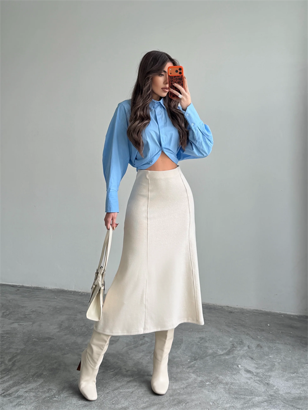 Yanları Çımalı Midi Etek - Ekru