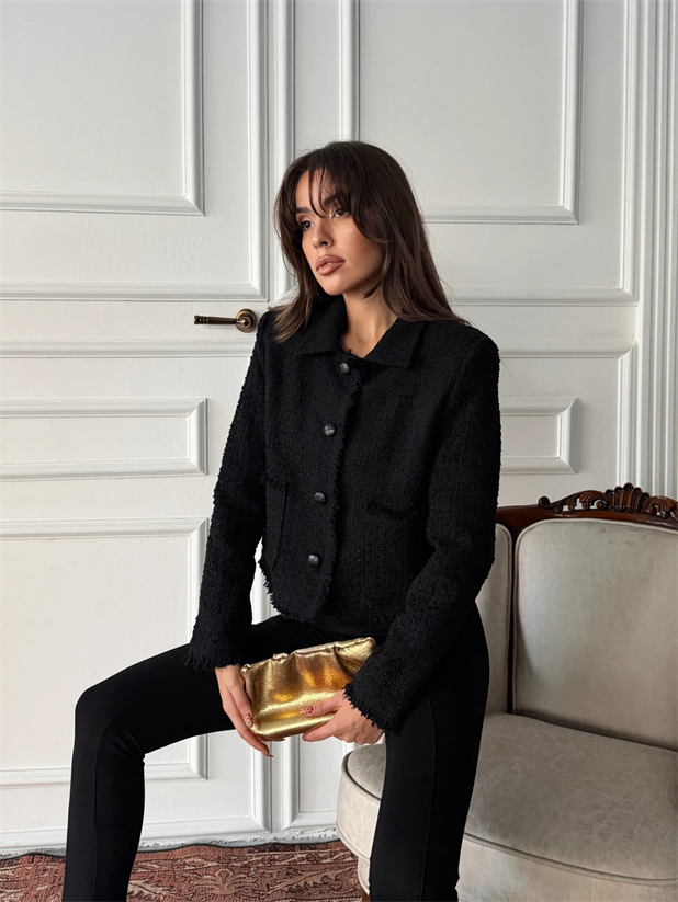 Püskül Detay Tüvit Ceket - Siyah