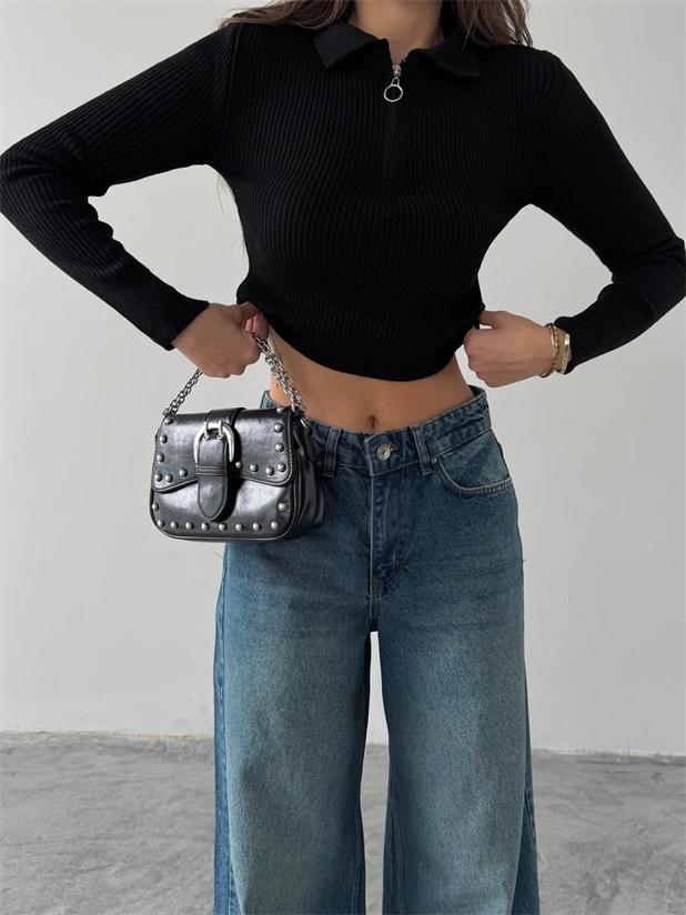 Yarım Fermuarlı Triko - Siyah