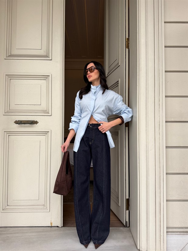 Kemerli Wide Leg Jean - Lacivert