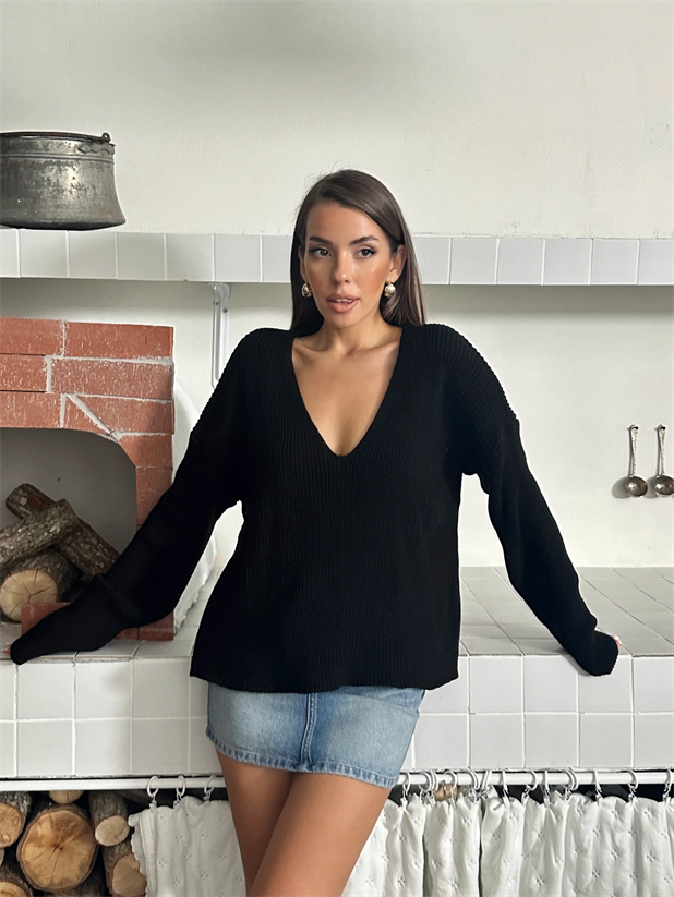 Selanik Örgü V Yaka Triko Kazak - Siyah