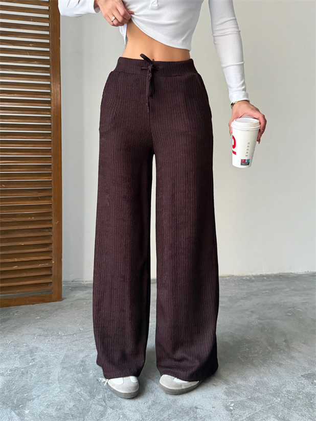 Bel Bağcık Fitilli Pantolon - Kahve