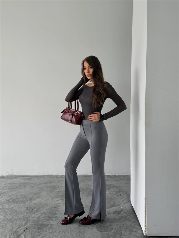 Çimalı Yırtmaç Pantolon  - Gri