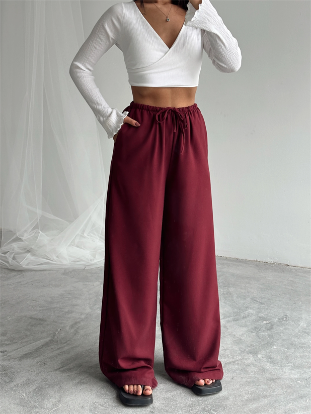 İnce Kemerli Salaş Pantolon - Bordo