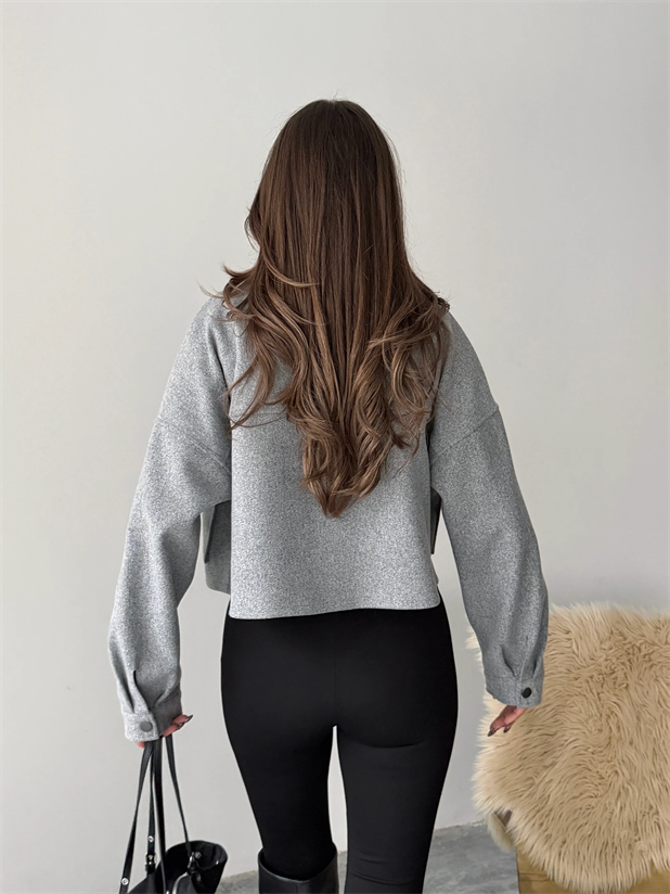 Metal Çıtçıtlı Kaşe Ceket  - Gri