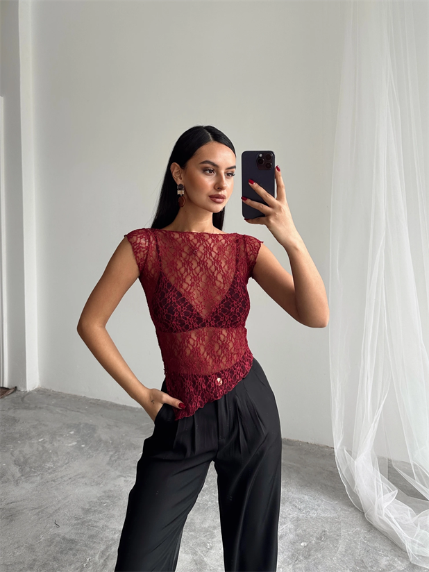 Asimetrik Dantel Bluz - Bordo