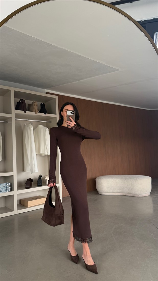 Dantel Detaylı Maxi Elbise - Kahve