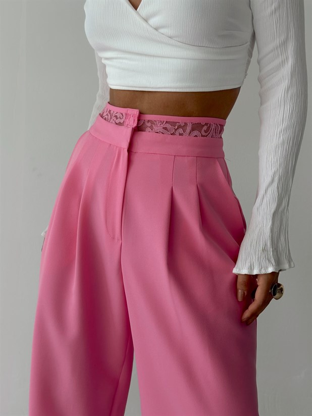 Kemeri Dantel Detaylı Palazzo Pantolon  - Pembe