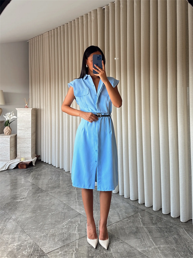 Kemerli Polo Yaka Elbise  - Bebe Mavi