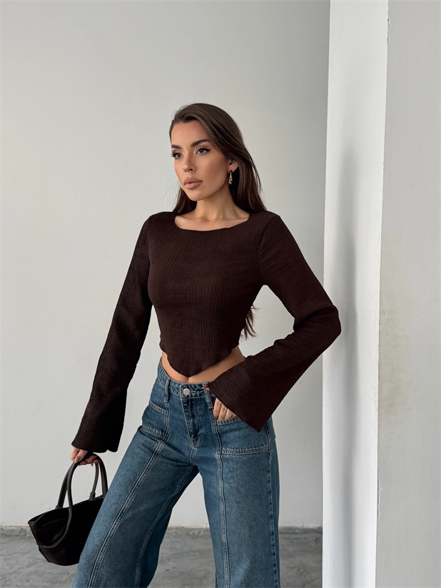 İspanyol Kol Akordiyon Bluz - Kahve