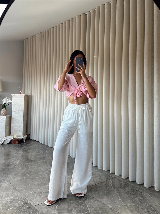 Dantel Detay Keten Pantolon   - Beyaz