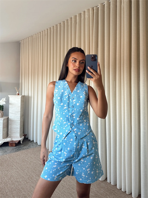 Desenli Şort-Yelek Takım  - Bebe Mavi