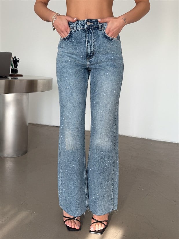 Premium Parlak Taş Detaylı Jean  - Açık Mavi
