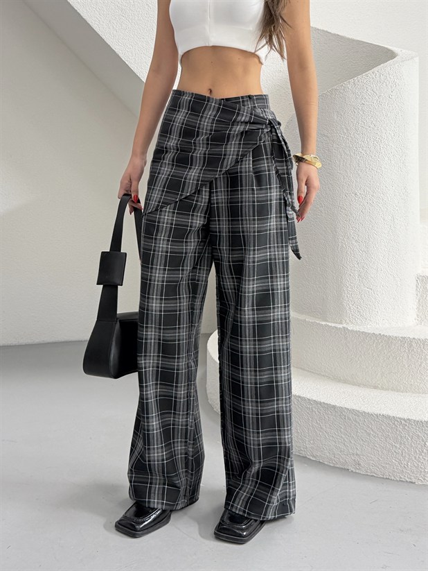 Bel Fular Detay Ekose Pantolon - Siyah