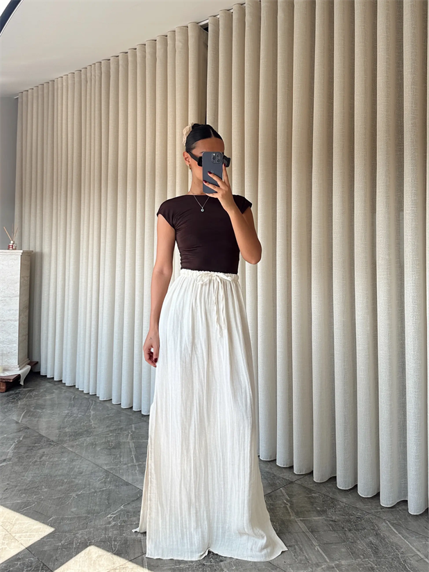 Müslin Yırtmaçlı Uzun Etek - Krem