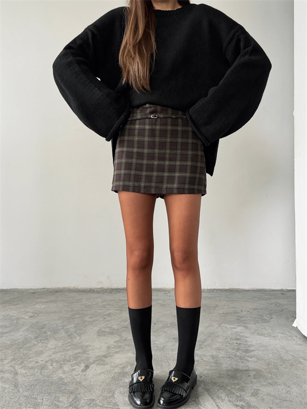 Bel Bağlama Ekose Mini Etek - Acı kahve