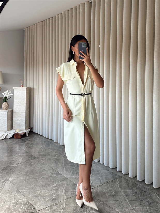 Kemerli Polo Yaka Elbise  - Sarı