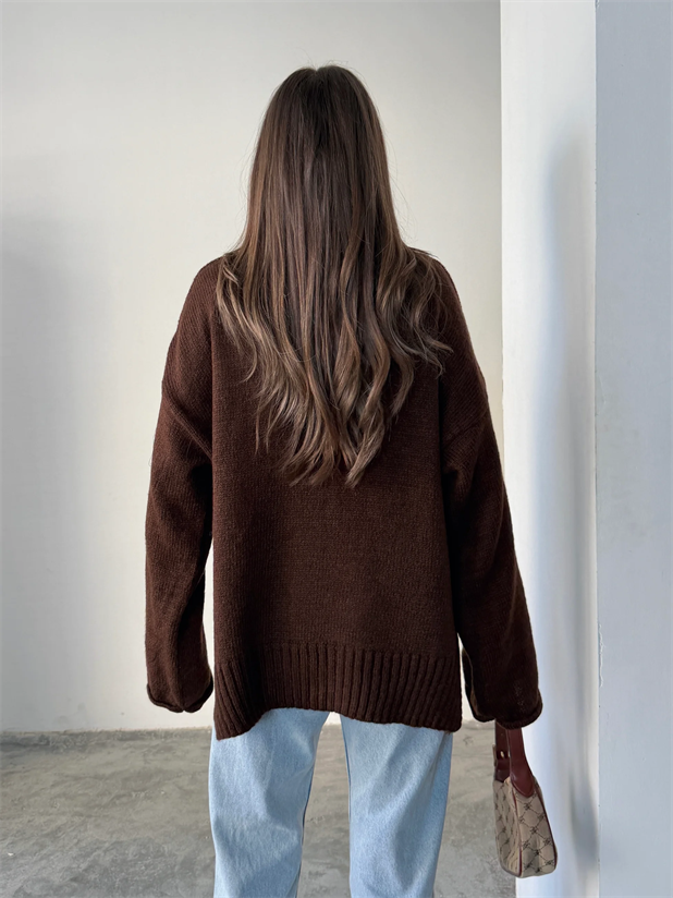 Yırtmaçlı Basic Triko  - Acı kahve