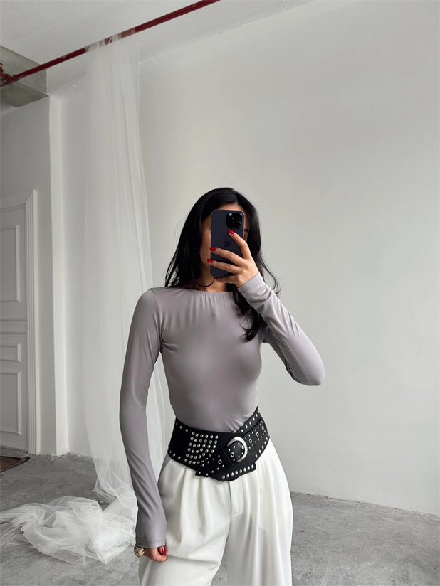 Mia Diamond Detay Bodysuit  - Açık Gri