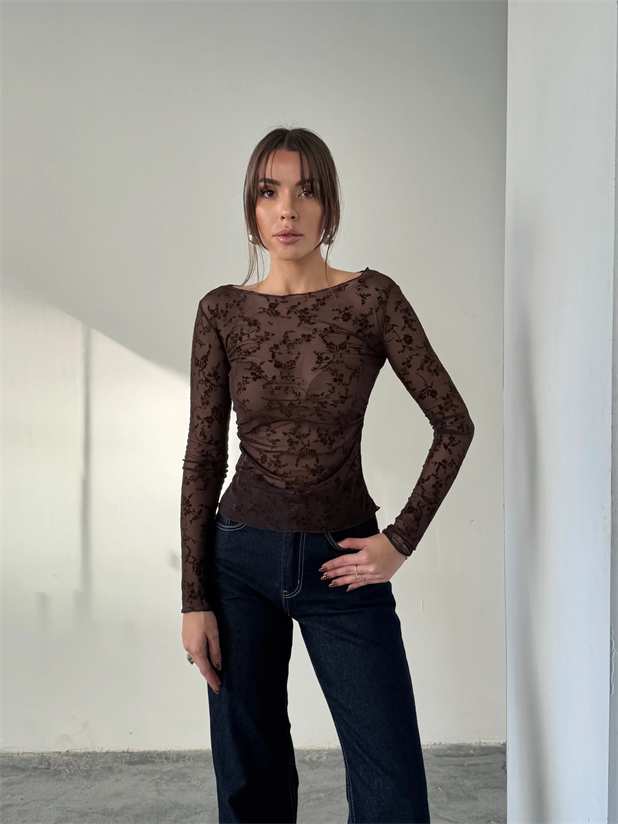 Flok Baskılı Basic Bluz - Kahve