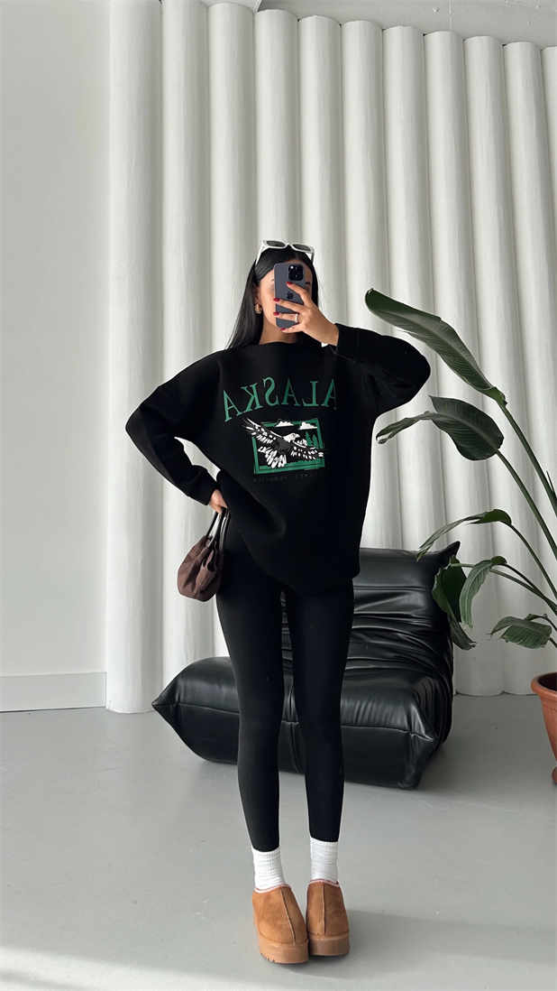 Alaska Üç İplik Şardonlu Oversize Sweat Siyah - Siyah