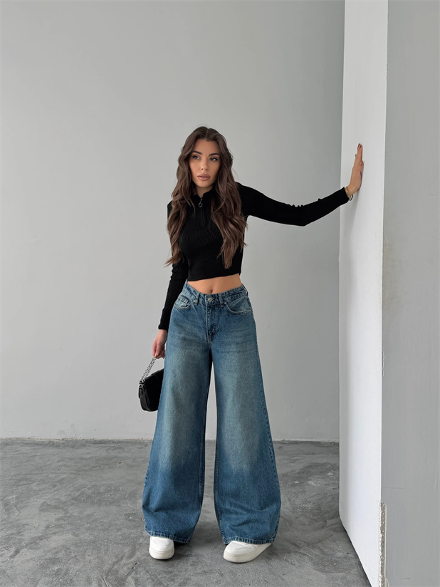 Bol Paça Yıkamalı Jean Pantolon - Mavi