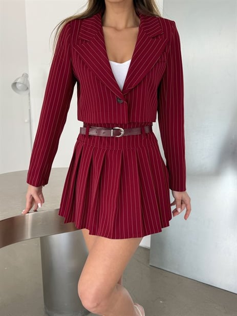 Çizgili Crop Ceket - Bordo