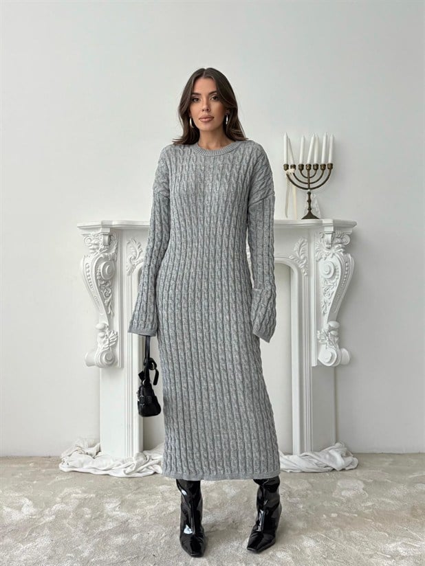 Saç Örgü Triko Elbise - Gri