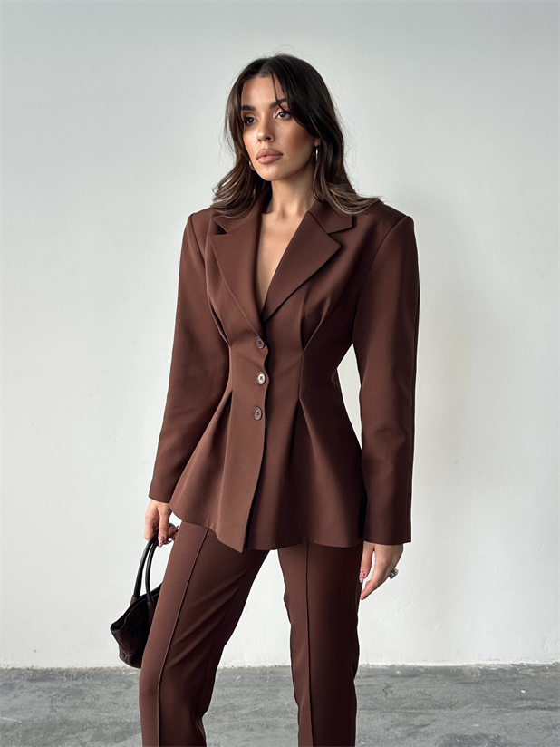 Pile Detay Oturtmalı Blazer Ceket  - Acı kahve