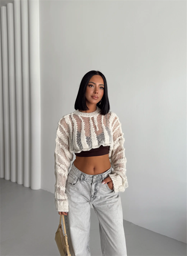 Ajurlu Crop Triko - Krem