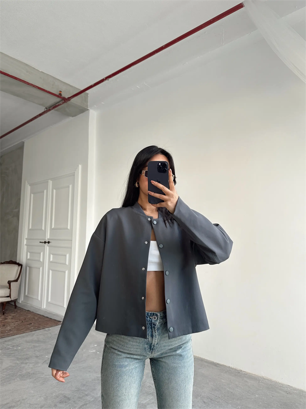 Yaka Ribana Cıt Cıt Detay Ceket Füme - Füme