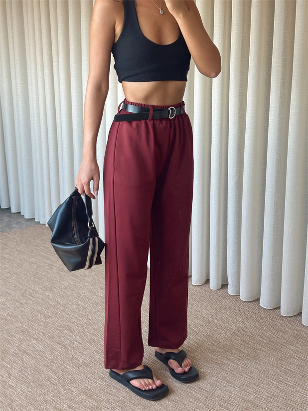 Deri Kemerli Eşofman - Bordo