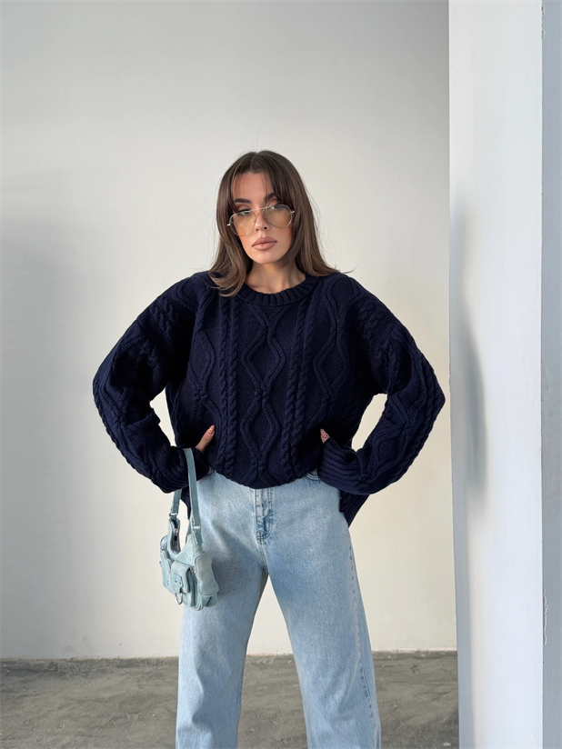 Saç Örgü Desenli Yıkamalı Triko - Lacivert