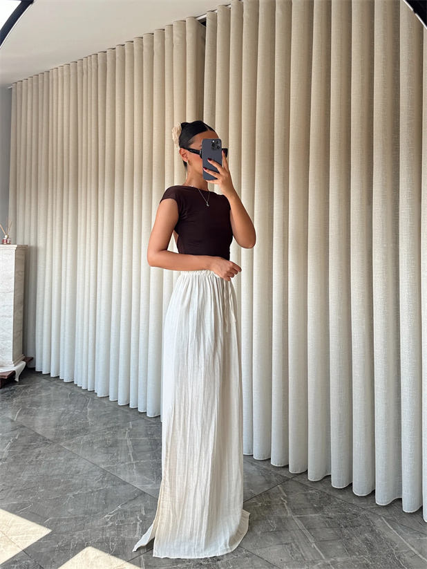 Müslin Yırtmaçlı Uzun Etek - Krem