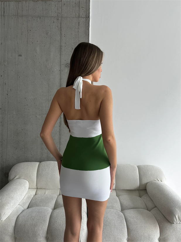 Boyun Bağlama Line Triko Elbise Beyaz-Yeşil - Beyaz-Yeşil