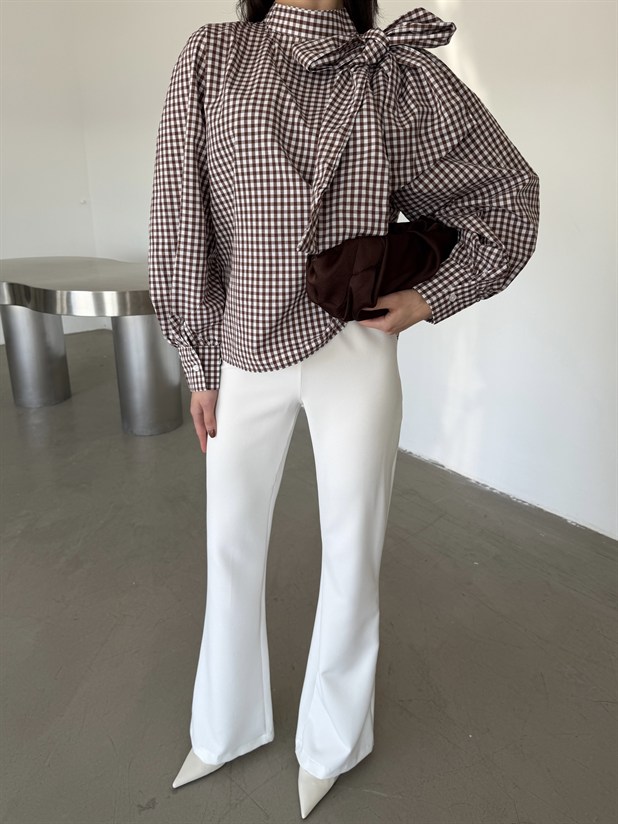 Bağlama Detaylı Poplin Bluz - Kahve