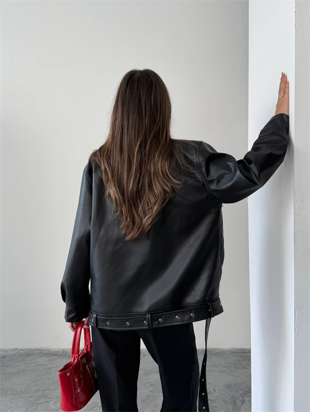Kemerli Oversize Deri Ceket  - Siyah