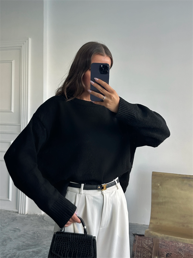 Yıkamalı Şardonlu Triko Kazak - Siyah