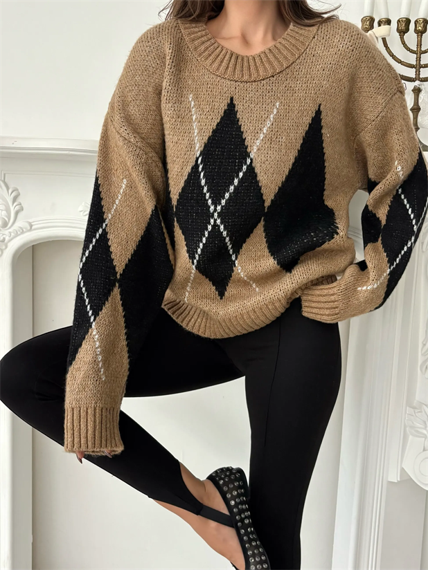 Oversize Baklava Desenli Kazak - Taba