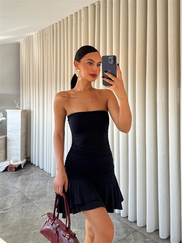 Scuba Kumaş Alt Fırfır Straplez Elbise - Siyah